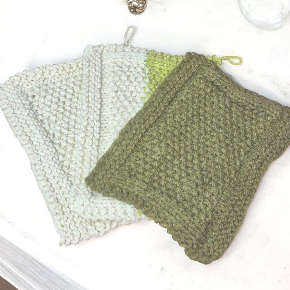 Hand-Knit XL Washcloths Greens And Cream Set Of Three